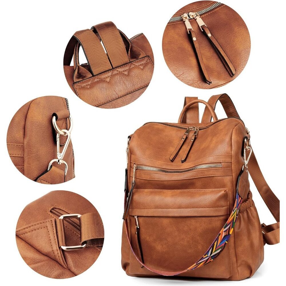 Women's Brown Purse Leather Fashion Travel Designer Ladies Shoulder Backpack - Picture 5 of 6
